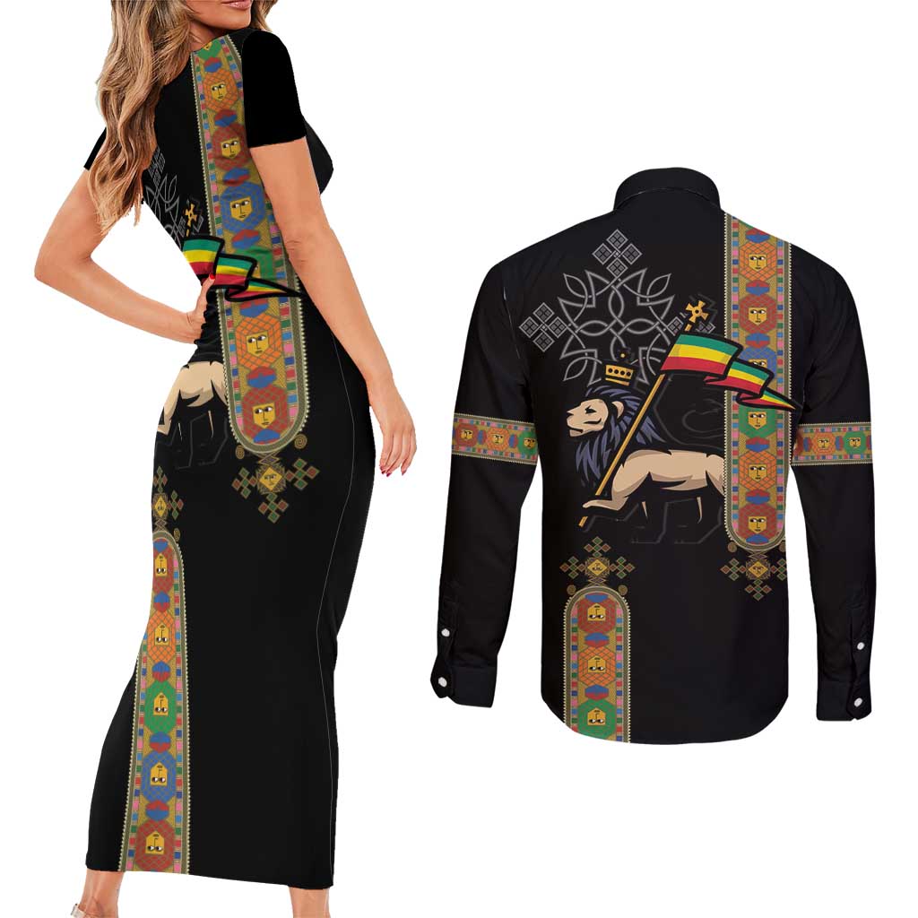 Ethiopia Saba Kemis Couples Matching Short Sleeve Bodycon Dress and Long Sleeve Button Shirt Ethiopian Cross Lion Of Judah Black Color