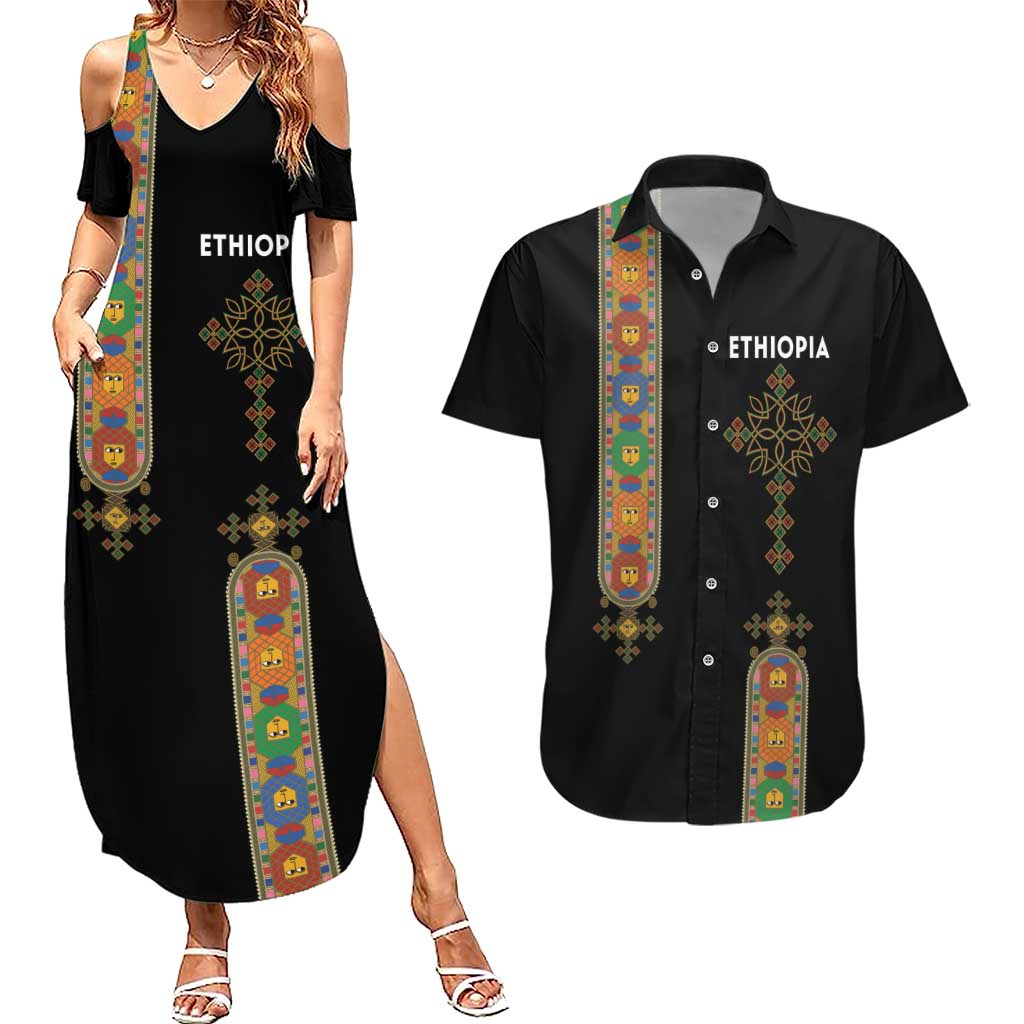 Ethiopia Saba Kemis Couples Matching Summer Maxi Dress and Hawaiian Shirt Ethiopian Cross Lion Of Judah Black Color