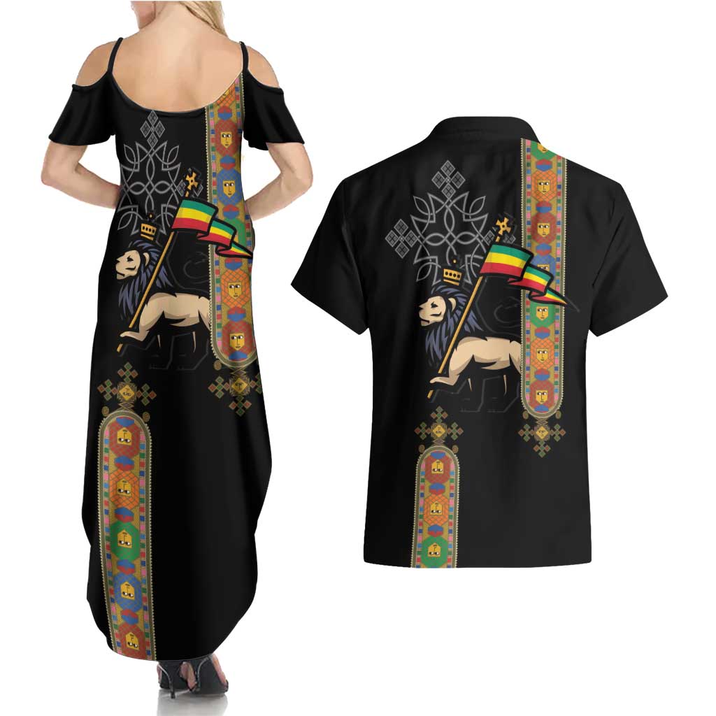 Ethiopia Saba Kemis Couples Matching Summer Maxi Dress and Hawaiian Shirt Ethiopian Cross Lion Of Judah Black Color