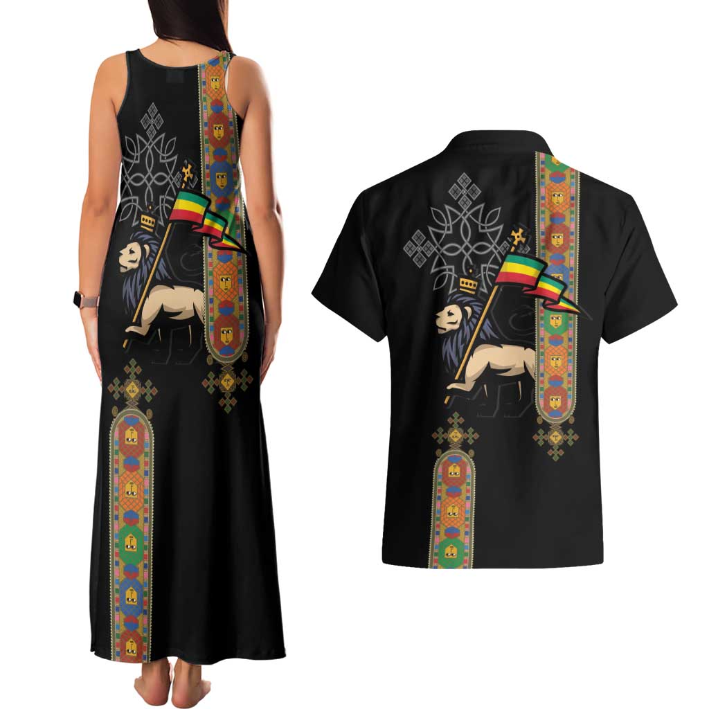 Ethiopia Saba Kemis Couples Matching Tank Maxi Dress and Hawaiian Shirt Ethiopian Cross Lion Of Judah Black Color