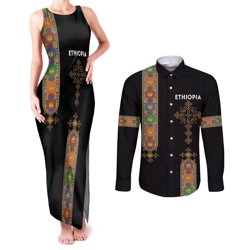 Ethiopia Saba Kemis Couples Matching Tank Maxi Dress and Long Sleeve Button Shirt Ethiopian Cross Lion Of Judah Black Color