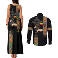 Ethiopia Saba Kemis Couples Matching Tank Maxi Dress and Long Sleeve Button Shirt Ethiopian Cross Lion Of Judah Black Color