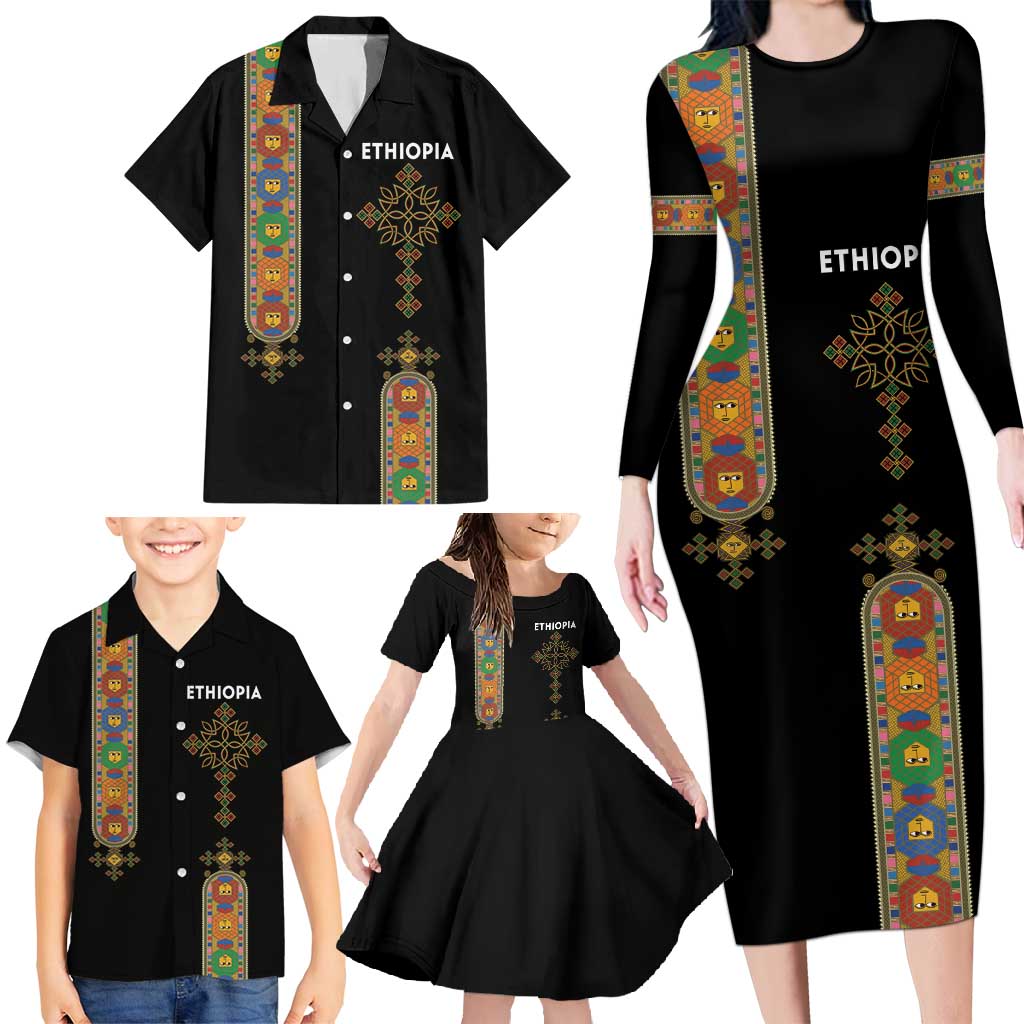 Ethiopia Saba Kemis Family Matching Long Sleeve Bodycon Dress and Hawaiian Shirt Ethiopian Cross Lion Of Judah Black Color