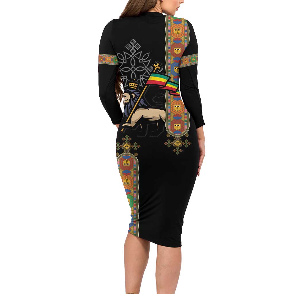 Ethiopia Saba Kemis Family Matching Long Sleeve Bodycon Dress and Hawaiian Shirt Ethiopian Cross Lion Of Judah Black Color