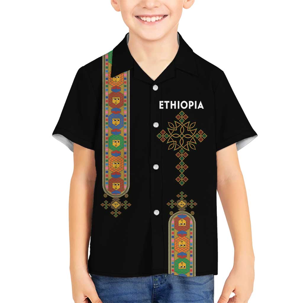 Ethiopia Saba Kemis Family Matching Long Sleeve Bodycon Dress and Hawaiian Shirt Ethiopian Cross Lion Of Judah Black Color