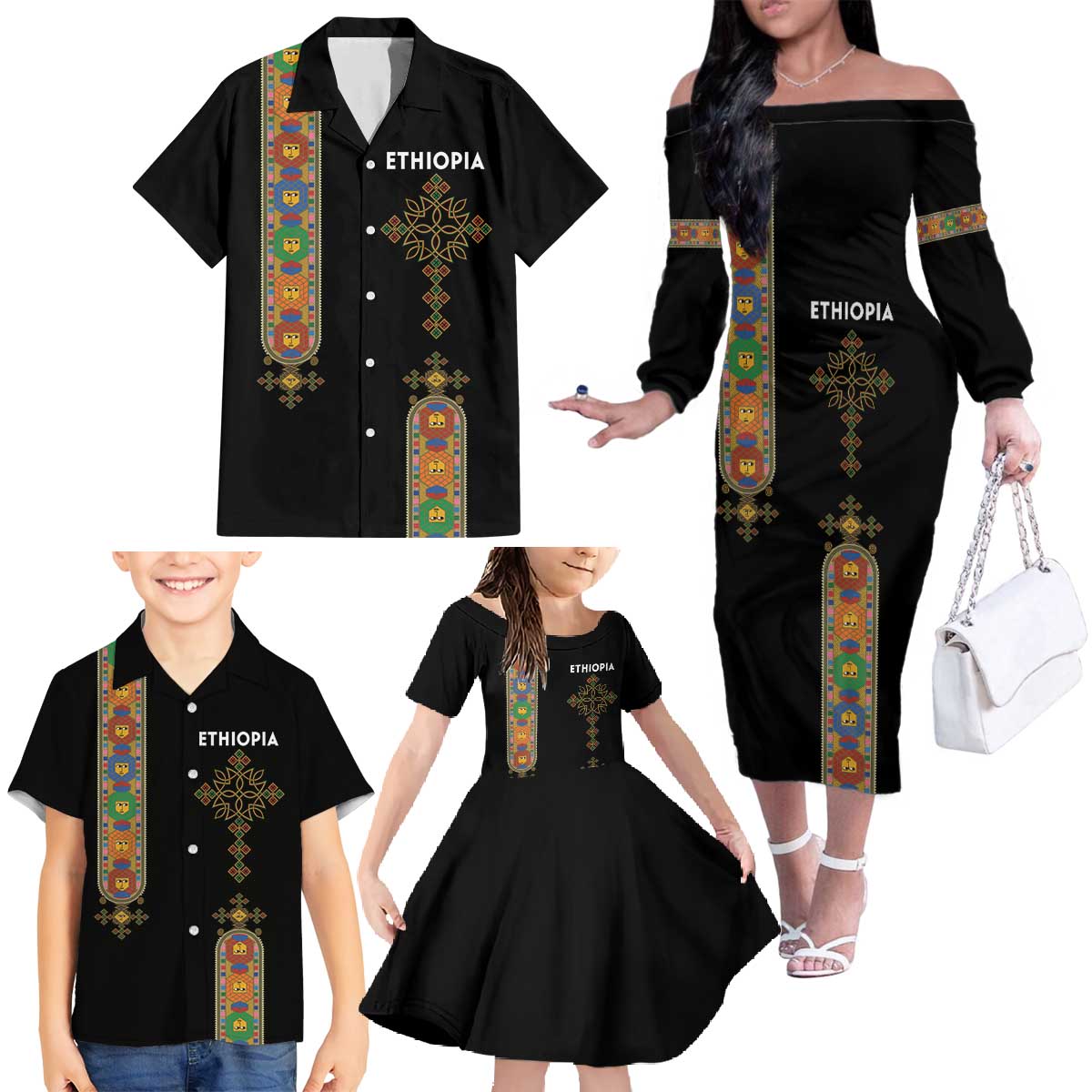 Ethiopia Saba Kemis Family Matching Off The Shoulder Long Sleeve Dress and Hawaiian Shirt Ethiopian Cross Lion Of Judah Black Color