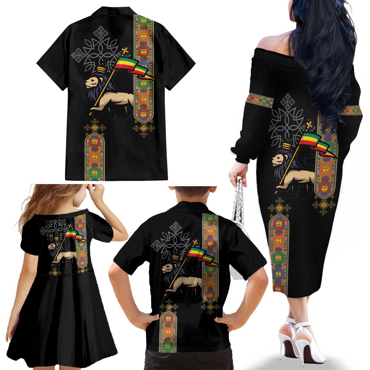 Ethiopia Saba Kemis Family Matching Off The Shoulder Long Sleeve Dress and Hawaiian Shirt Ethiopian Cross Lion Of Judah Black Color