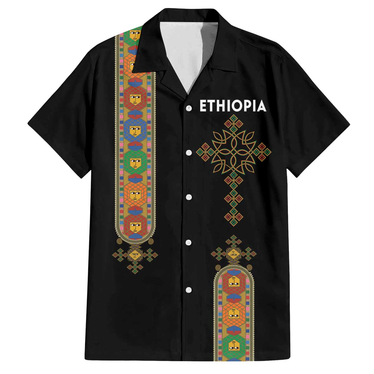 Ethiopia Saba Kemis Family Matching Off The Shoulder Long Sleeve Dress and Hawaiian Shirt Ethiopian Cross Lion Of Judah Black Color