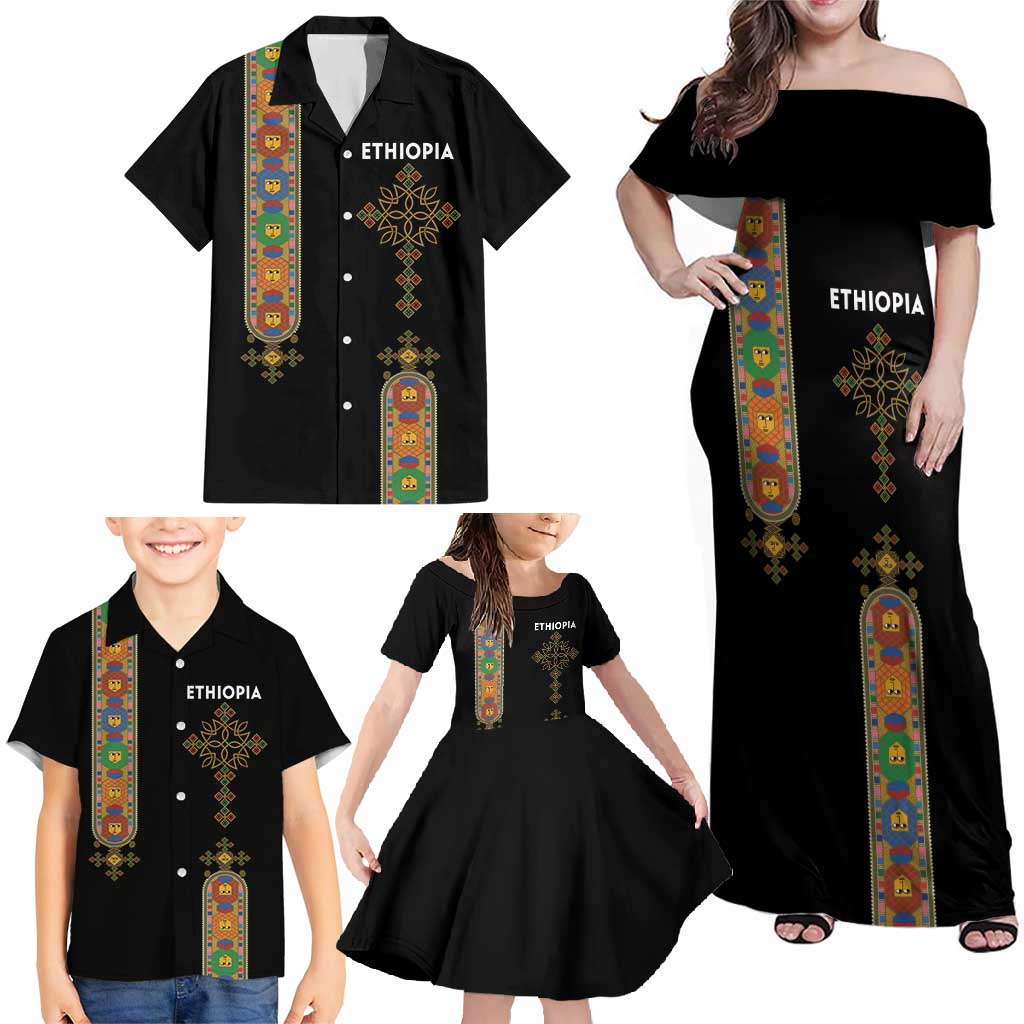 Ethiopia Saba Kemis Family Matching Off Shoulder Maxi Dress and Hawaiian Shirt Ethiopian Cross Lion Of Judah Black Color