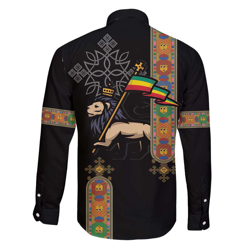 Ethiopia Saba Kemis Family Matching Off Shoulder Maxi Dress and Hawaiian Shirt Ethiopian Cross Lion Of Judah Black Color