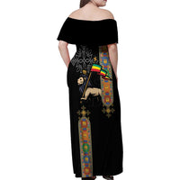 Ethiopia Saba Kemis Family Matching Off Shoulder Maxi Dress and Hawaiian Shirt Ethiopian Cross Lion Of Judah Black Color