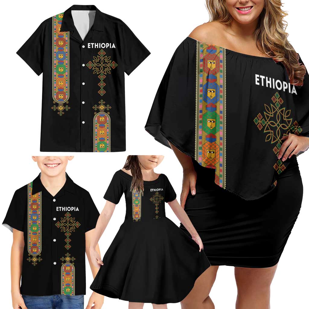 Ethiopia Saba Kemis Family Matching Off Shoulder Short Dress and Hawaiian Shirt Ethiopian Cross Lion Of Judah Black Color