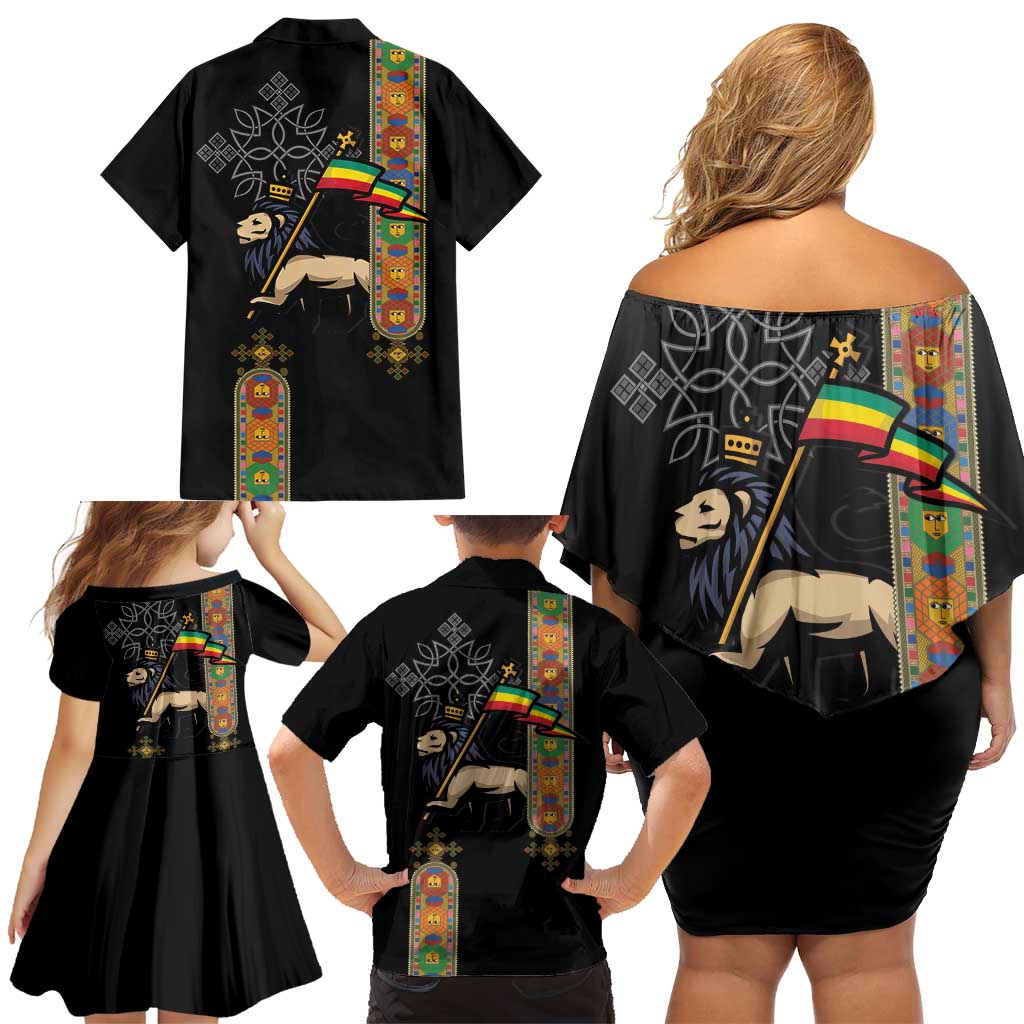 Ethiopia Saba Kemis Family Matching Off Shoulder Short Dress and Hawaiian Shirt Ethiopian Cross Lion Of Judah Black Color