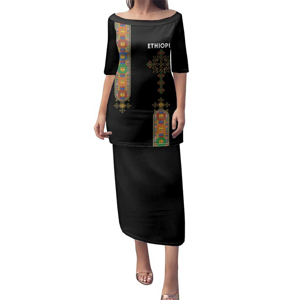 Ethiopia Saba Kemis Family Matching Puletasi and Hawaiian Shirt Ethiopian Cross Lion Of Judah Black Color