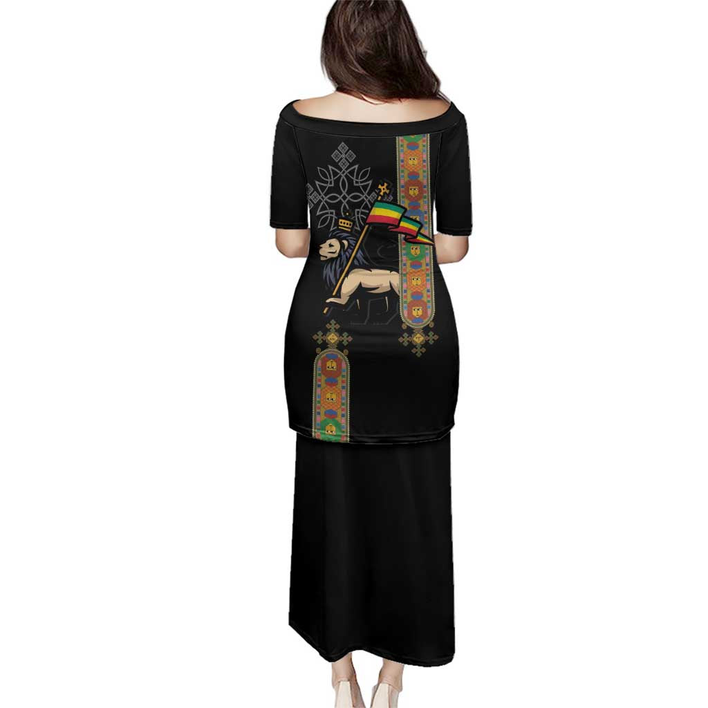 Ethiopia Saba Kemis Family Matching Puletasi and Hawaiian Shirt Ethiopian Cross Lion Of Judah Black Color