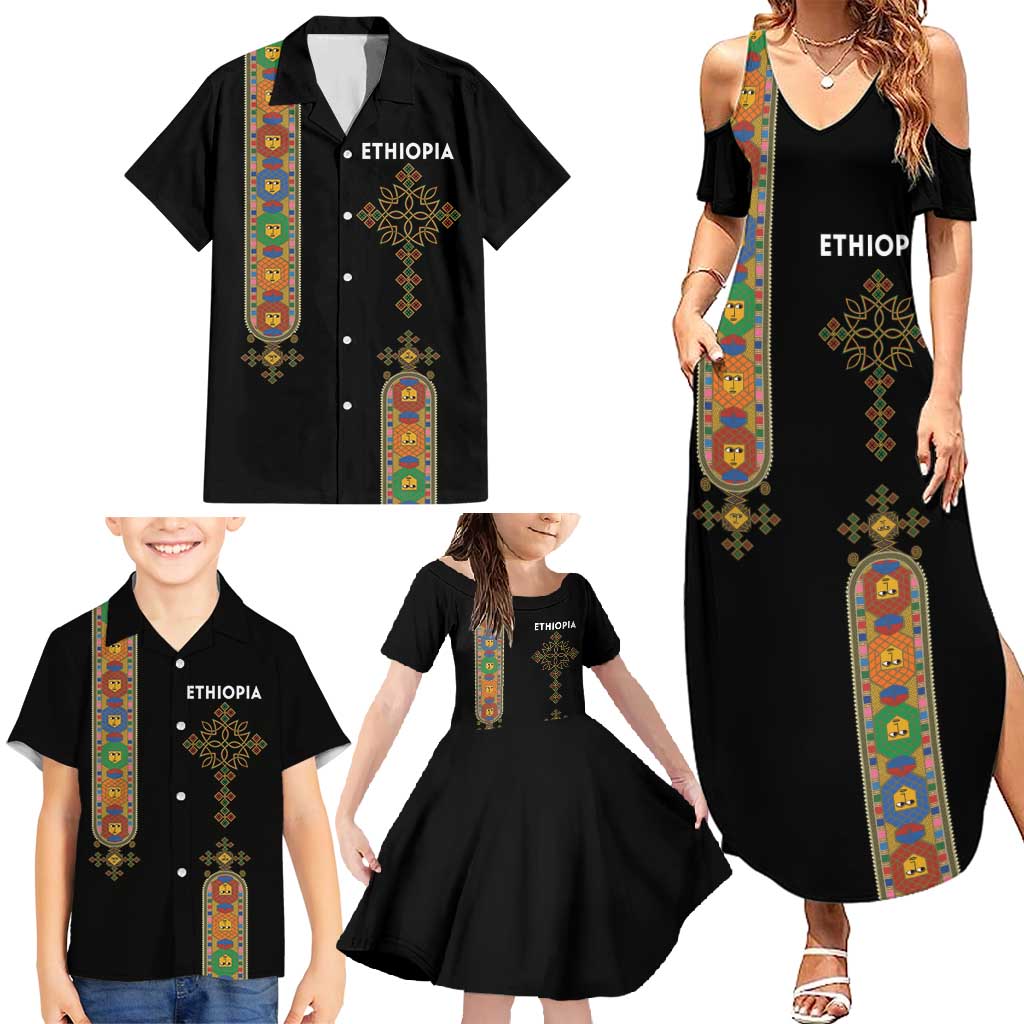 Ethiopia Saba Kemis Family Matching Summer Maxi Dress and Hawaiian Shirt Ethiopian Cross Lion Of Judah Black Color