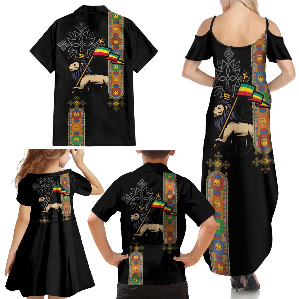 Ethiopia Saba Kemis Family Matching Summer Maxi Dress and Hawaiian Shirt Ethiopian Cross Lion Of Judah Black Color