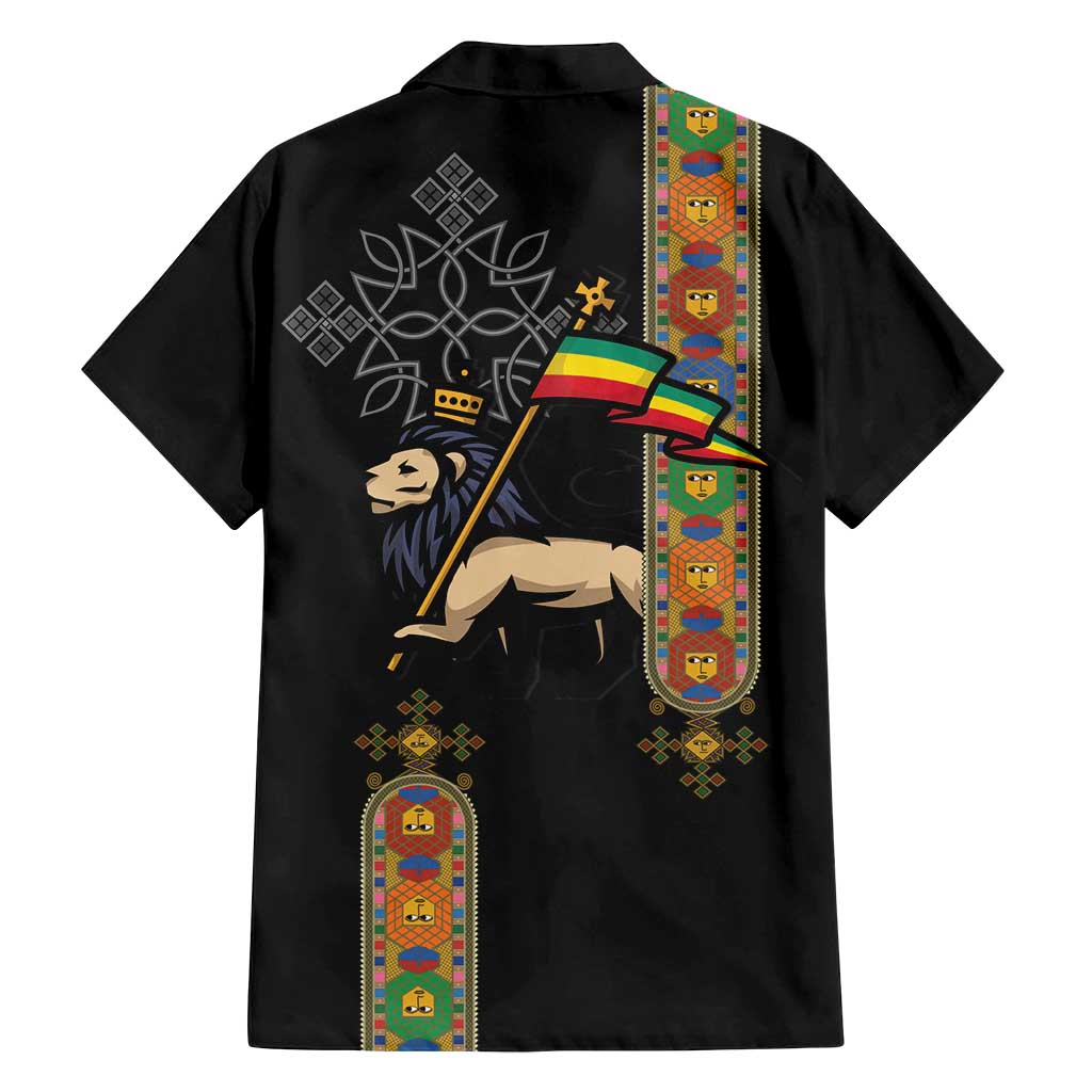 Ethiopia Saba Kemis Family Matching Summer Maxi Dress and Hawaiian Shirt Ethiopian Cross Lion Of Judah Black Color