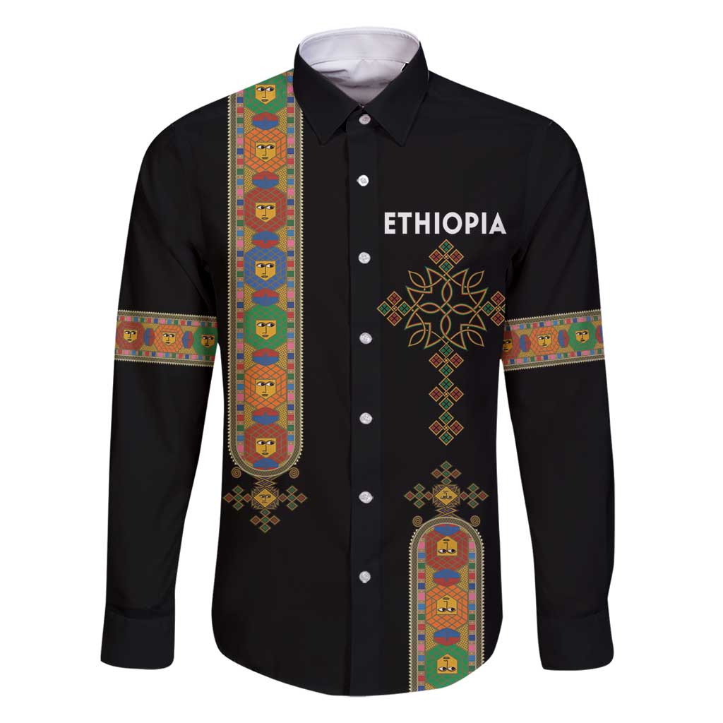 Ethiopia Saba Kemis Family Matching Summer Maxi Dress and Hawaiian Shirt Ethiopian Cross Lion Of Judah Black Color