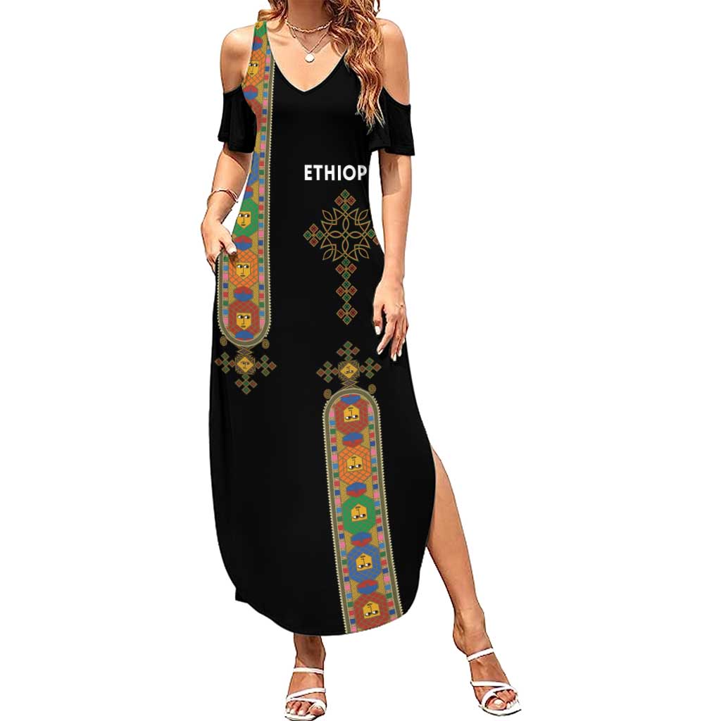 Ethiopia Saba Kemis Family Matching Summer Maxi Dress and Hawaiian Shirt Ethiopian Cross Lion Of Judah Black Color