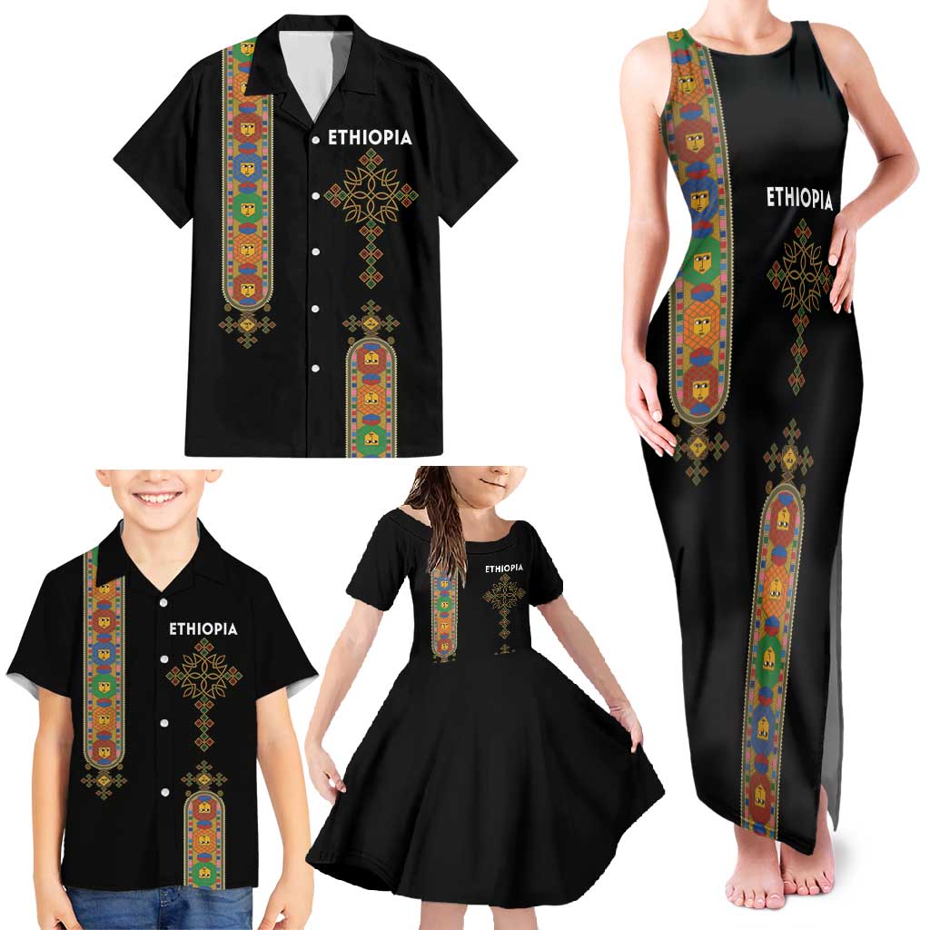 Ethiopia Saba Kemis Family Matching Tank Maxi Dress and Hawaiian Shirt Ethiopian Cross Lion Of Judah Black Color