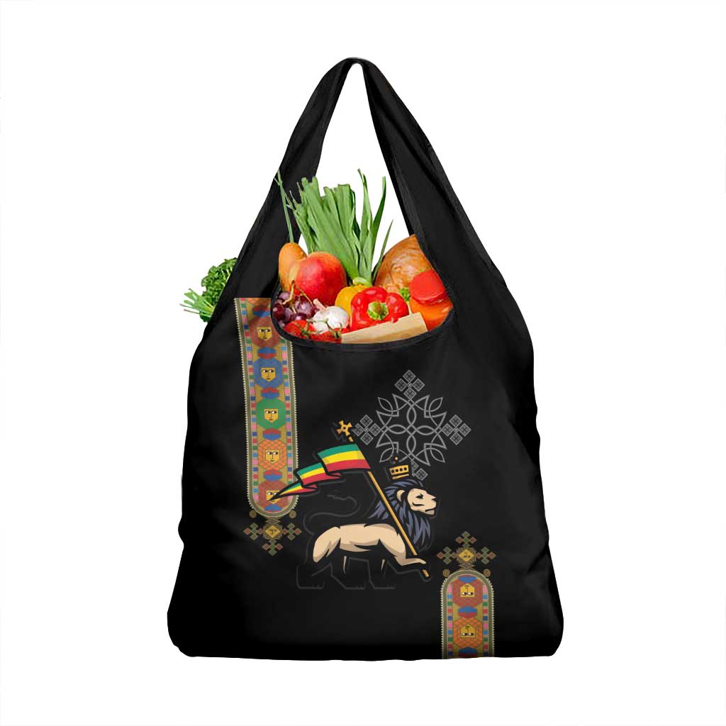 Ethiopia Saba Kemis Grocery Bag Ethiopian Cross Lion Of Judah Black Color