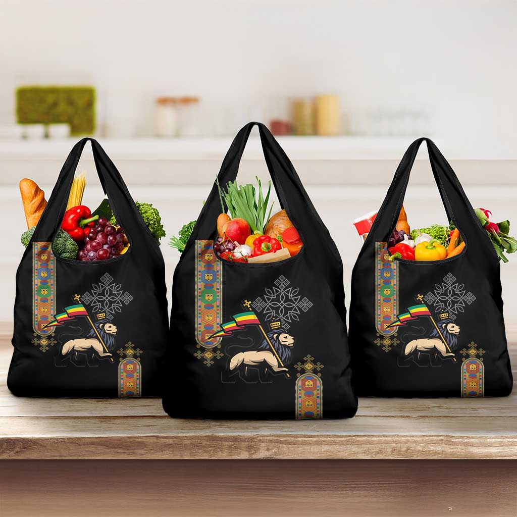 Ethiopia Saba Kemis Grocery Bag Ethiopian Cross Lion Of Judah Black Color