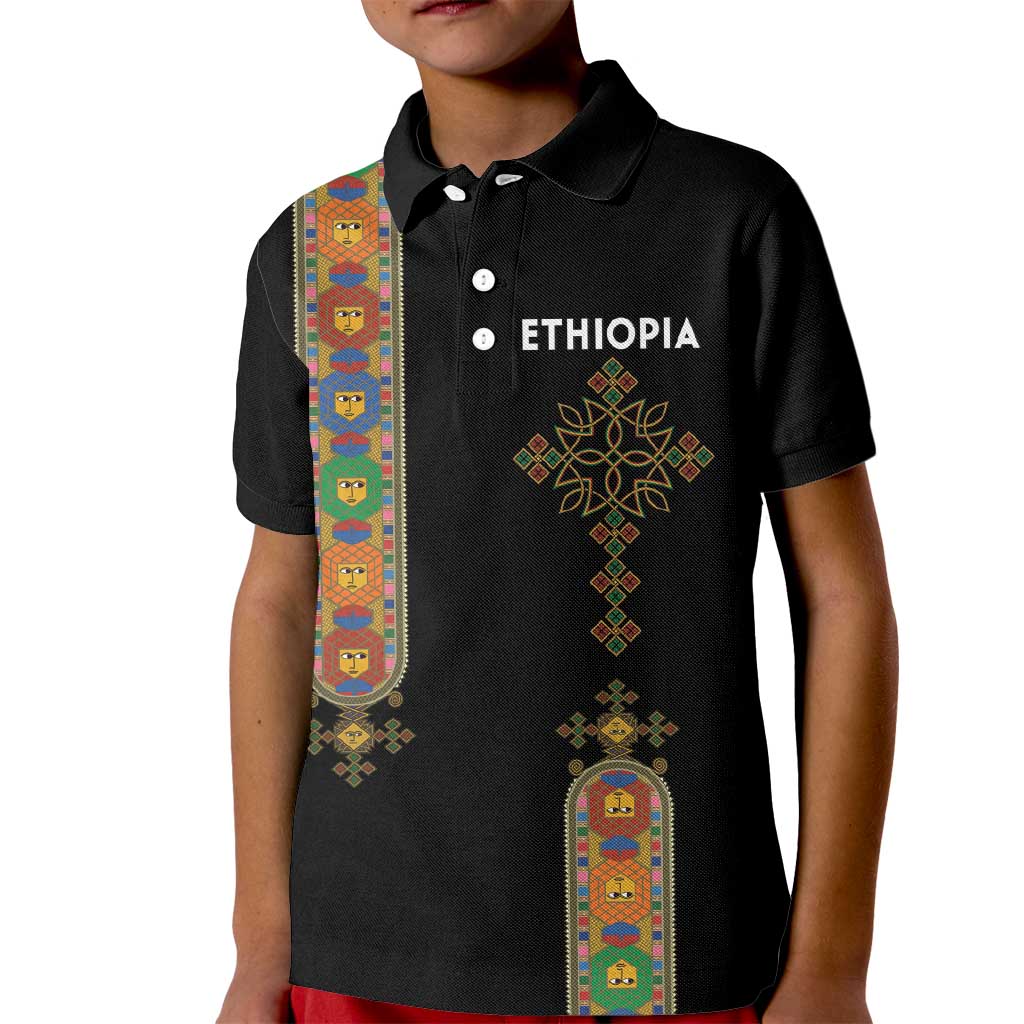 Ethiopia Saba Kemis Kid Polo Shirt Ethiopian Cross Lion Of Judah Black Color