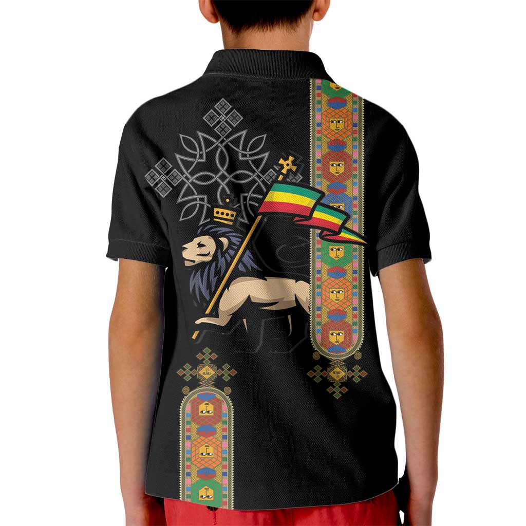 Ethiopia Saba Kemis Kid Polo Shirt Ethiopian Cross Lion Of Judah Black Color