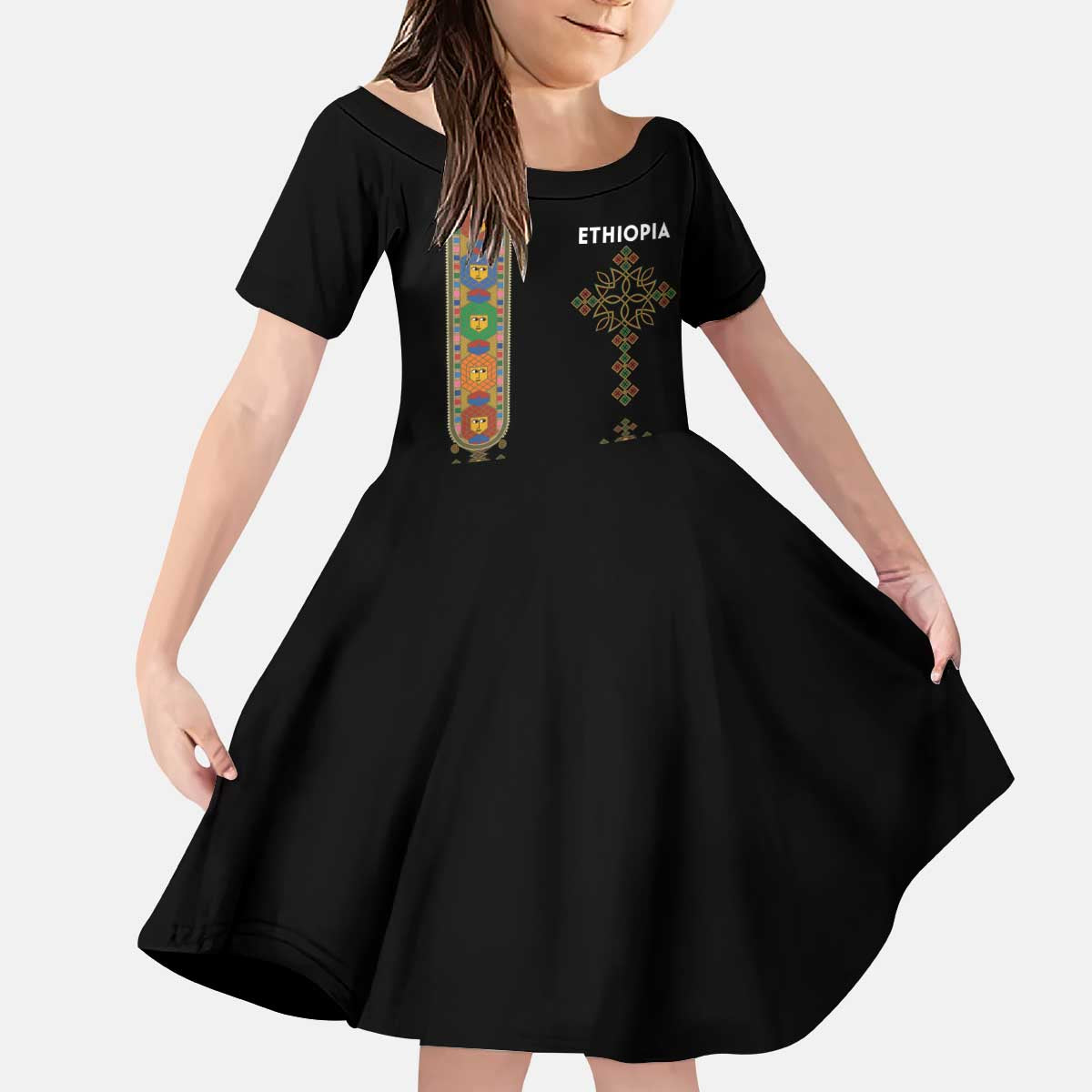 Ethiopia Saba Kemis Kid Short Sleeve Dress Ethiopian Cross Lion Of Judah Black Color