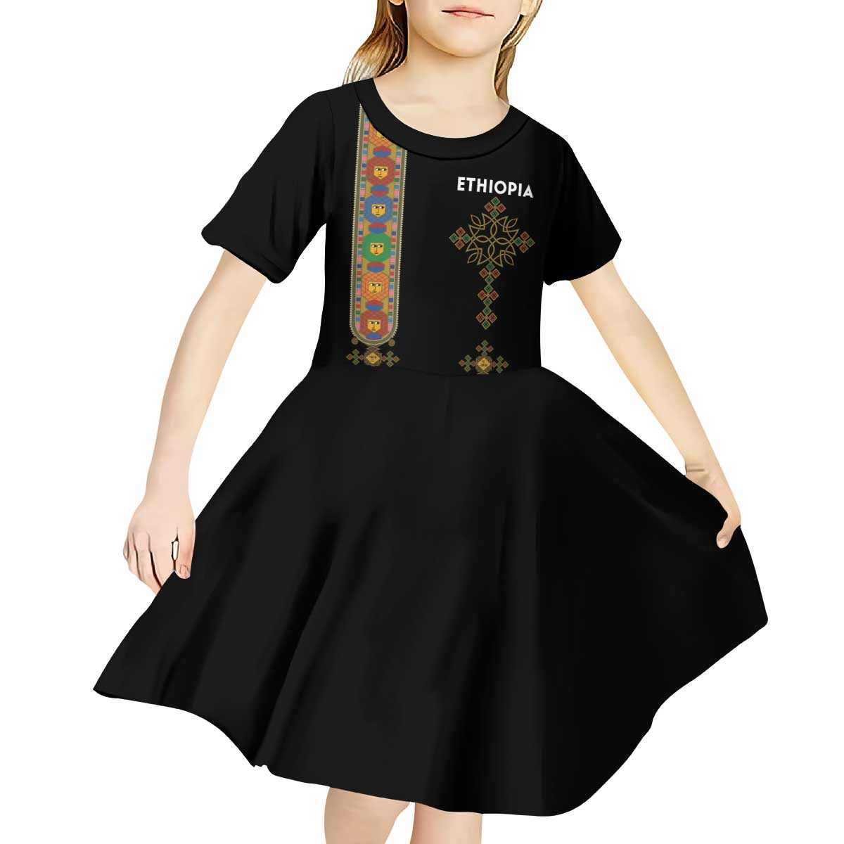 Ethiopia Saba Kemis Kid Short Sleeve Dress Ethiopian Cross Lion Of Judah Black Color