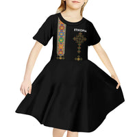 Ethiopia Saba Kemis Kid Short Sleeve Dress Ethiopian Cross Lion Of Judah Black Color