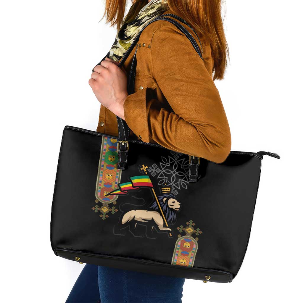Ethiopia Saba Kemis Leather Tote Bag Ethiopian Cross Lion Of Judah Black Color