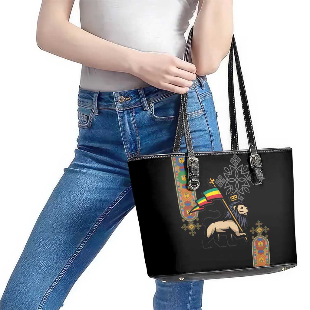 Ethiopia Saba Kemis Leather Tote Bag Ethiopian Cross Lion Of Judah Black Color