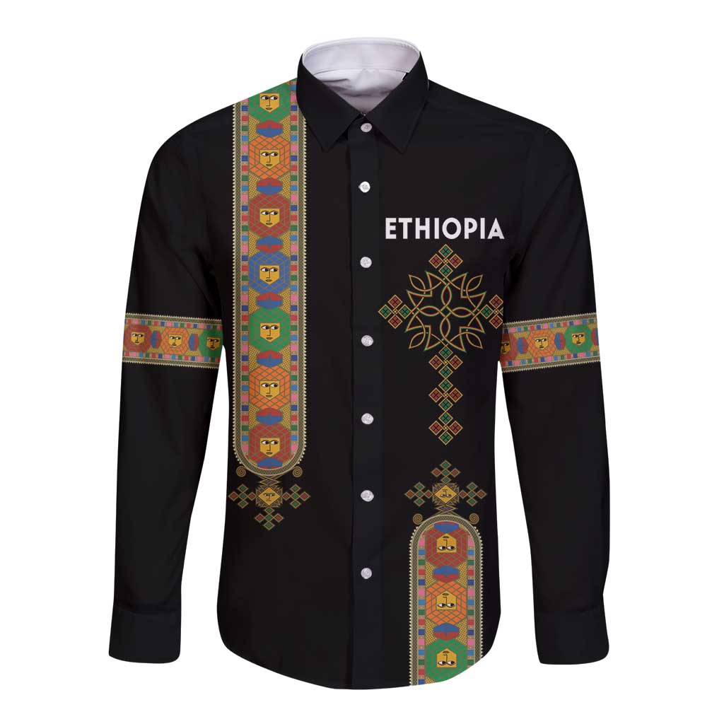Ethiopia Saba Kemis Long Sleeve Button Shirt Ethiopian Cross Lion Of Judah Black Color