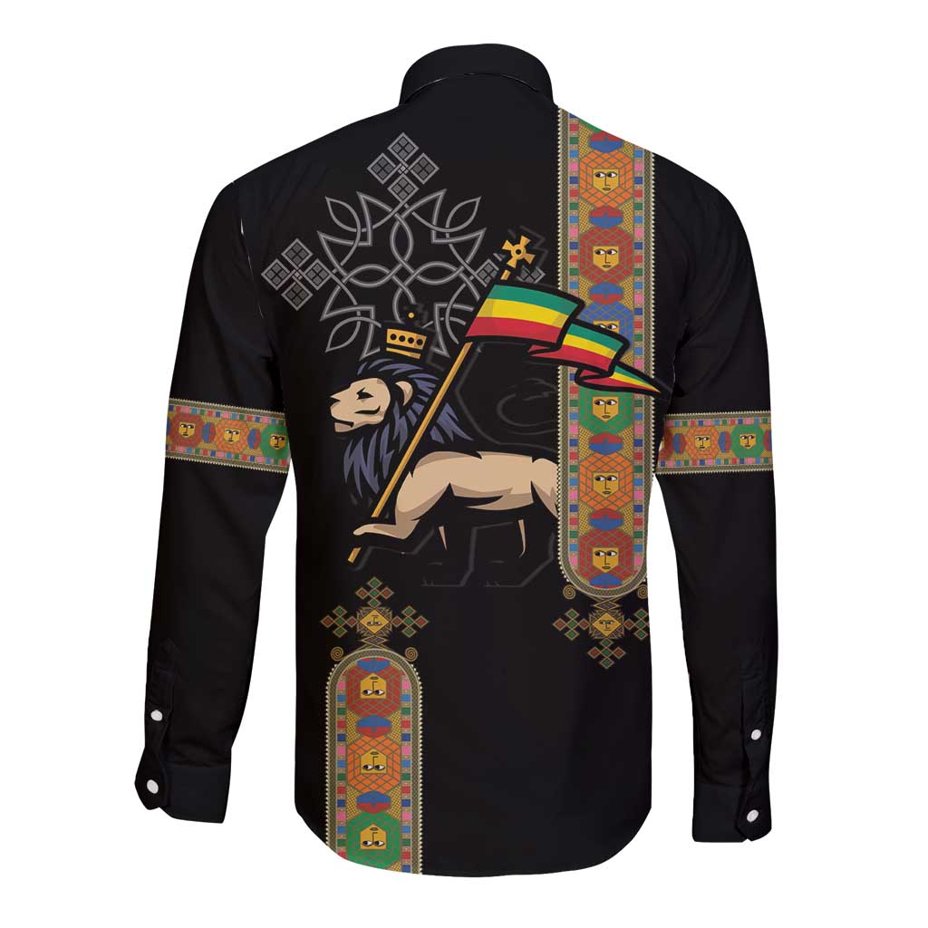 Ethiopia Saba Kemis Long Sleeve Button Shirt Ethiopian Cross Lion Of Judah Black Color