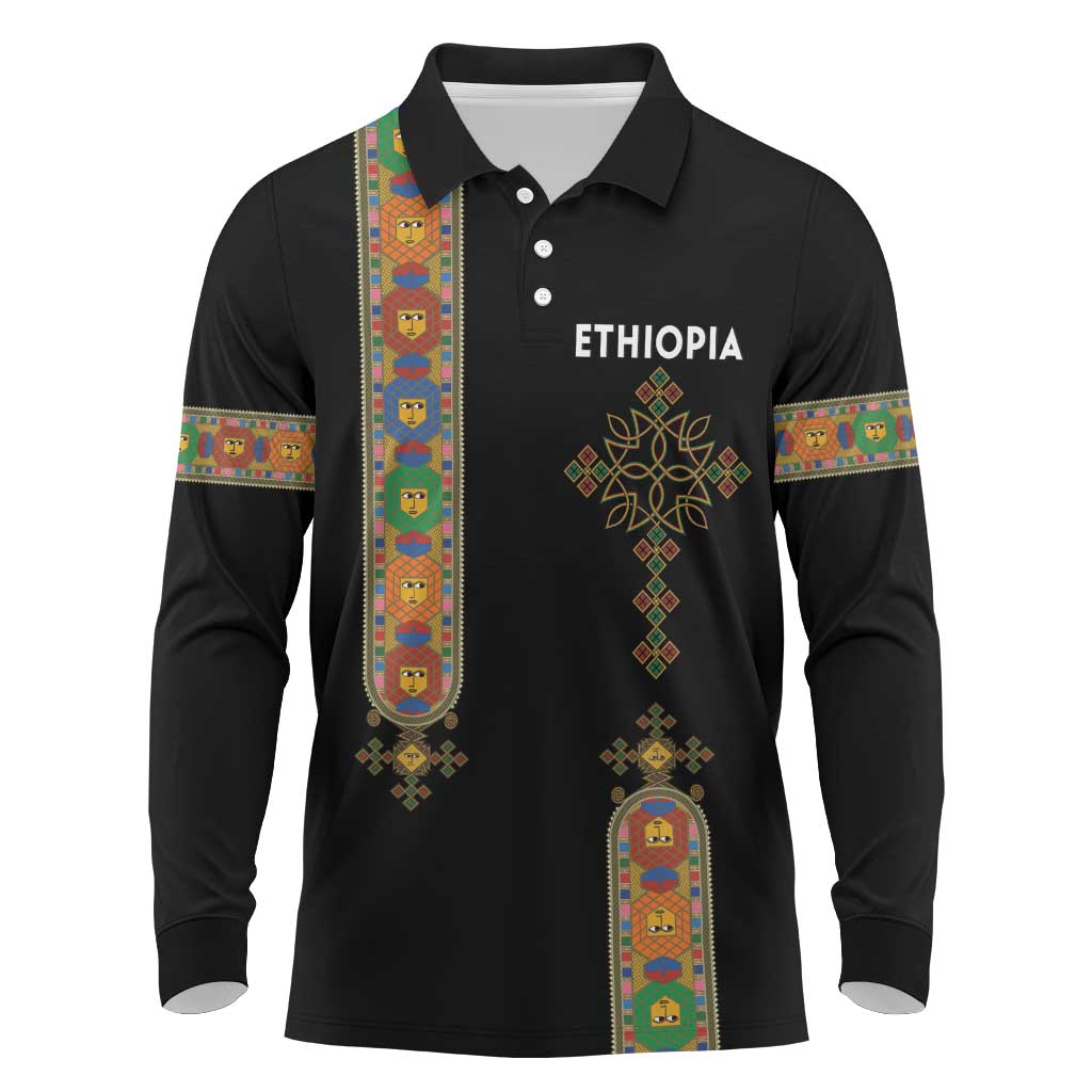 Ethiopia Saba Kemis Long Sleeve Polo Shirt Ethiopian Cross Lion Of Judah Black Color
