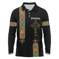 Ethiopia Saba Kemis Long Sleeve Polo Shirt Ethiopian Cross Lion Of Judah Black Color