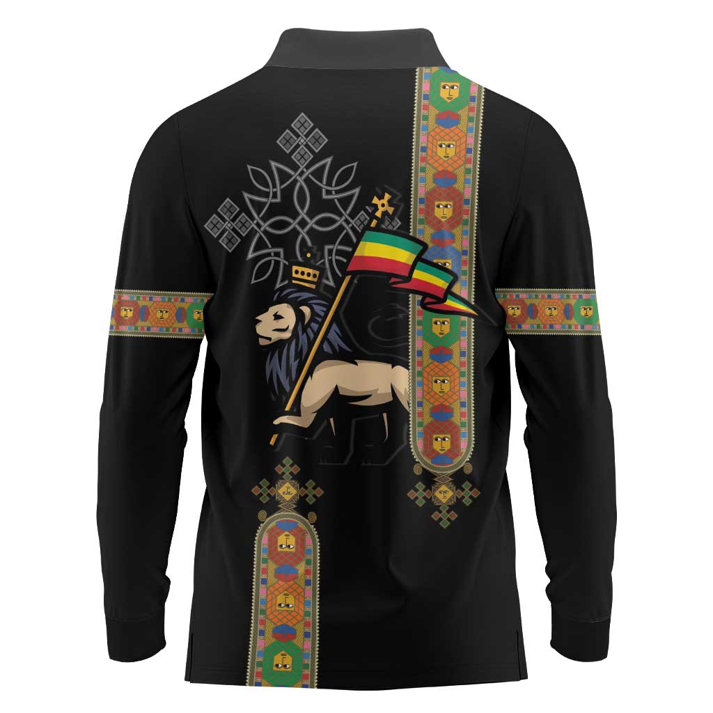 Ethiopia Saba Kemis Long Sleeve Polo Shirt Ethiopian Cross Lion Of Judah Black Color