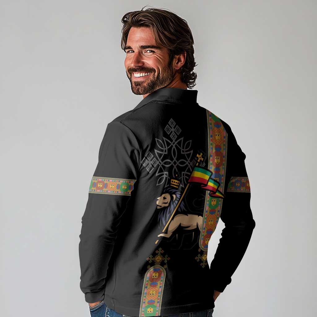 Ethiopia Saba Kemis Long Sleeve Polo Shirt Ethiopian Cross Lion Of Judah Black Color