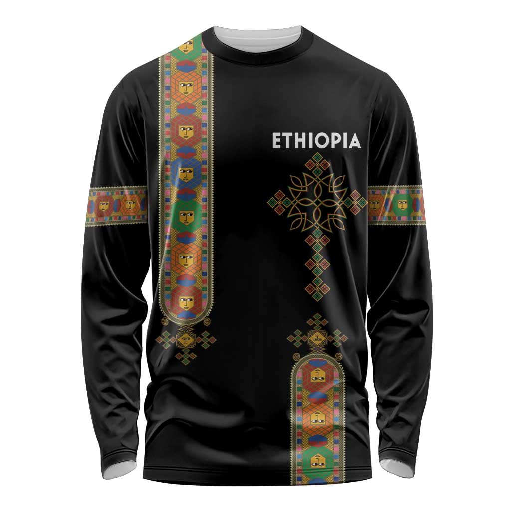 Ethiopia Saba Kemis Long Sleeve Shirt Ethiopian Cross Lion Of Judah Black Color