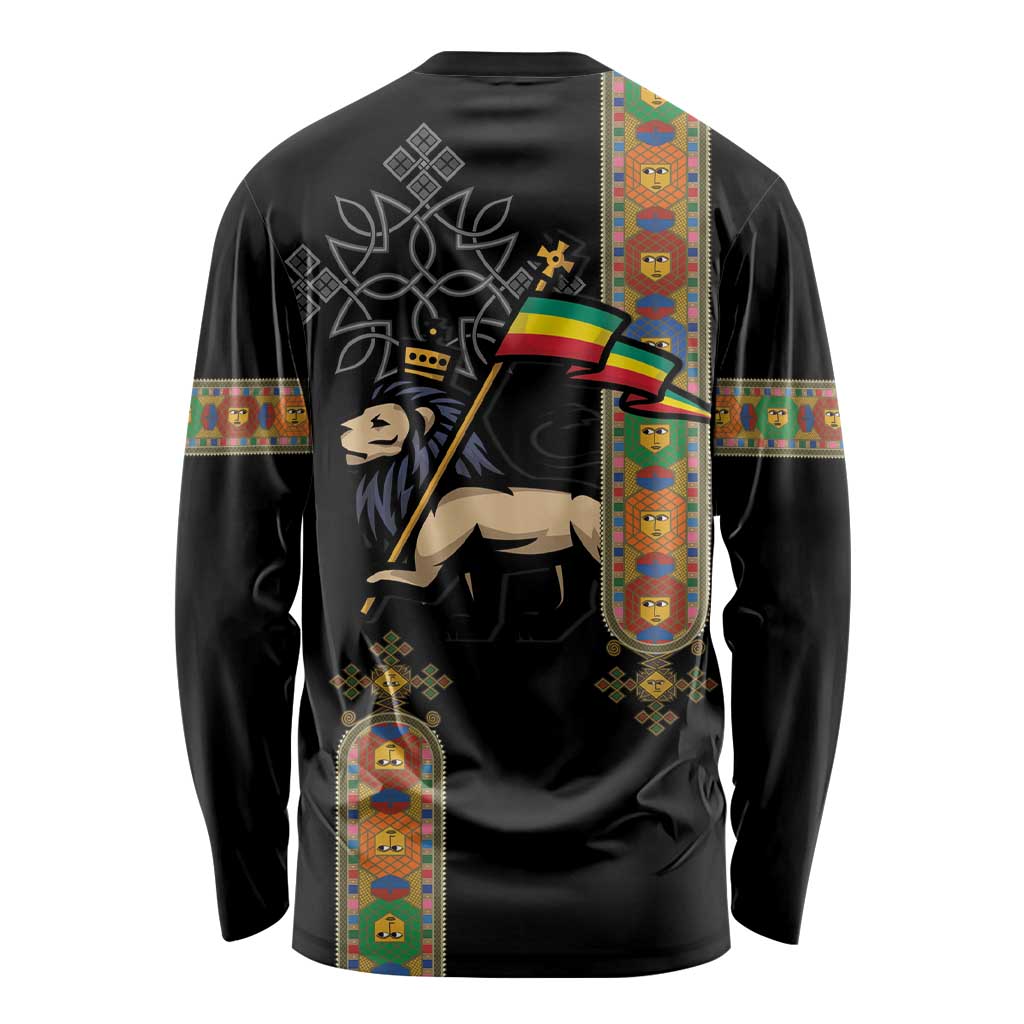 Ethiopia Saba Kemis Long Sleeve Shirt Ethiopian Cross Lion Of Judah Black Color
