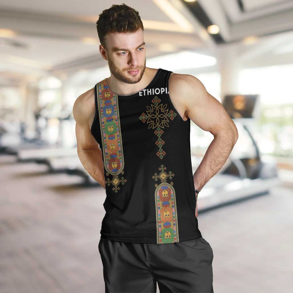 Ethiopia Saba Kemis Men Tank Top Ethiopian Cross Lion Of Judah Black Color