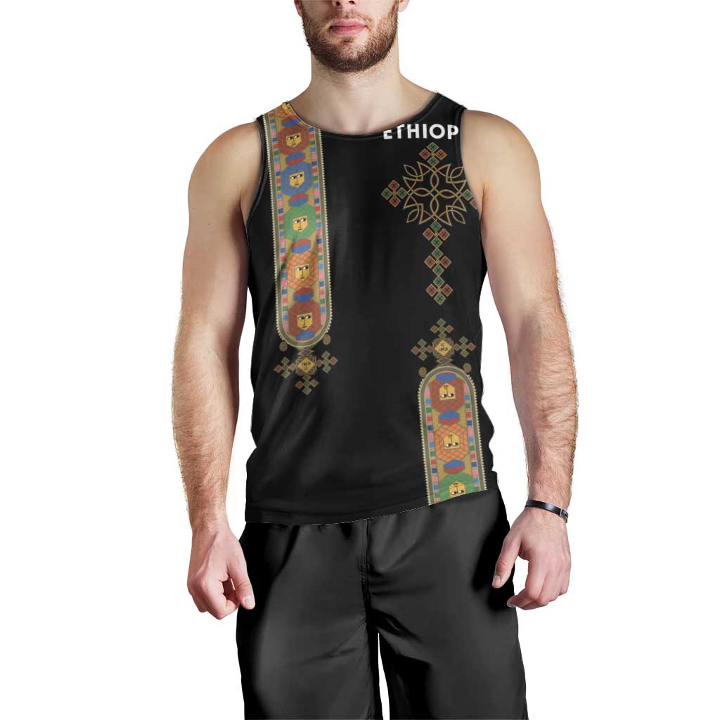 Ethiopia Saba Kemis Men Tank Top Ethiopian Cross Lion Of Judah Black Color
