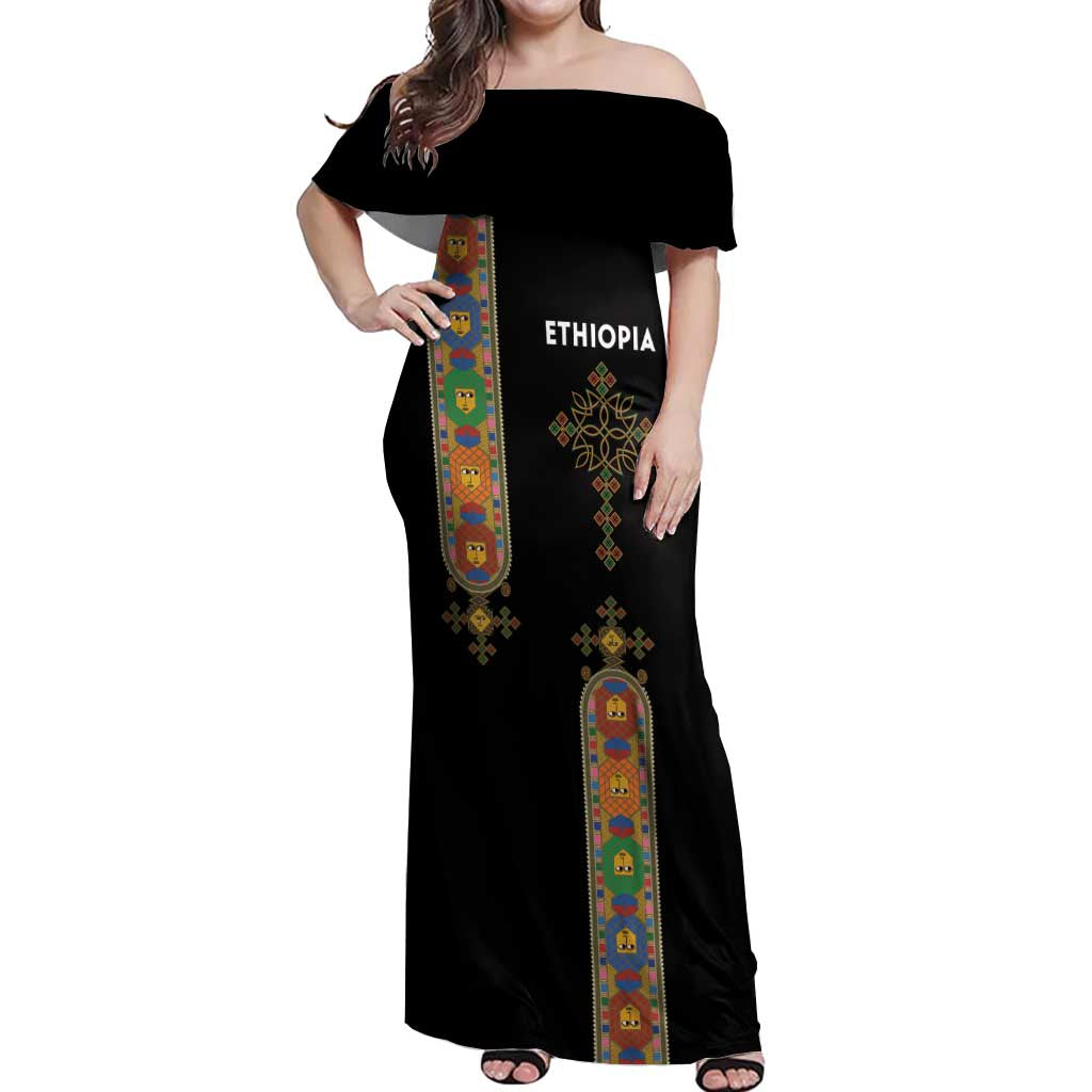 Ethiopia Saba Kemis Off Shoulder Maxi Dress Ethiopian Cross Lion Of Judah Black Color