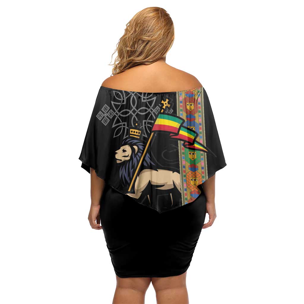 Ethiopia Saba Kemis Off Shoulder Short Dress Ethiopian Cross Lion Of Judah Black Color