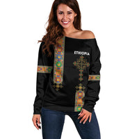 Ethiopia Saba Kemis Off Shoulder Sweater Ethiopian Cross Lion Of Judah Black Color