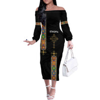 Ethiopia Saba Kemis Off The Shoulder Long Sleeve Dress Ethiopian Cross Lion Of Judah Black Color