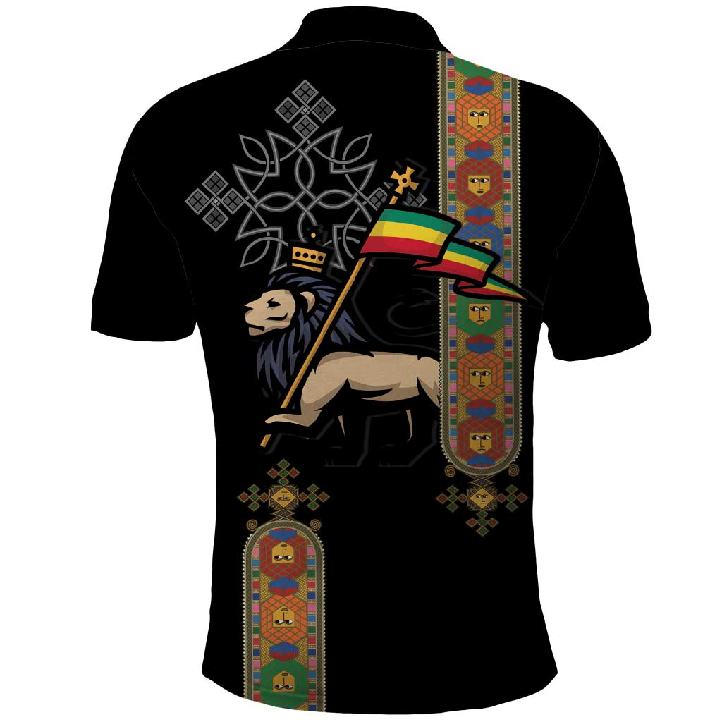 Ethiopia Saba Kemis Polo Shirt Ethiopian Cross Lion Of Judah Black Color