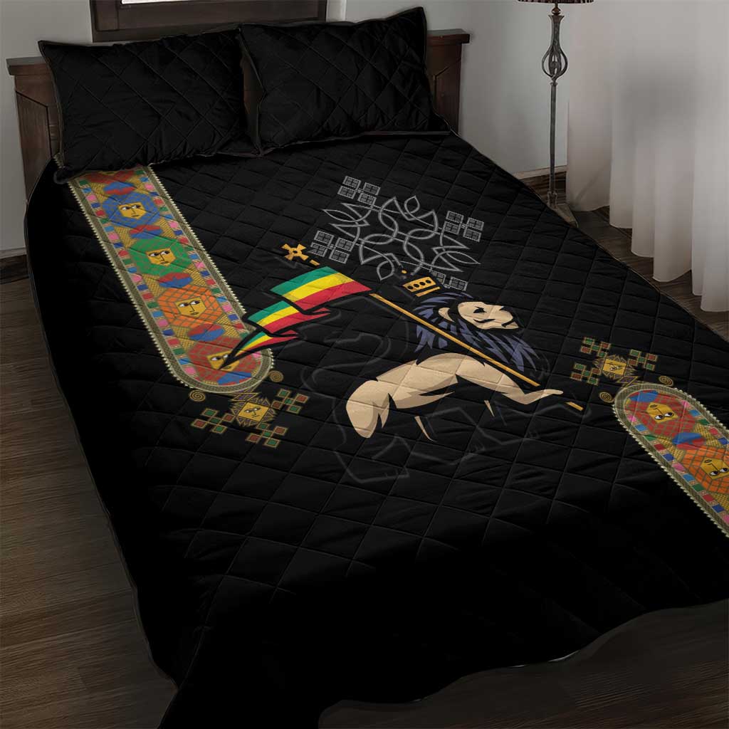 Ethiopia Saba Kemis Quilt Bed Set Ethiopian Cross Lion Of Judah Black Color